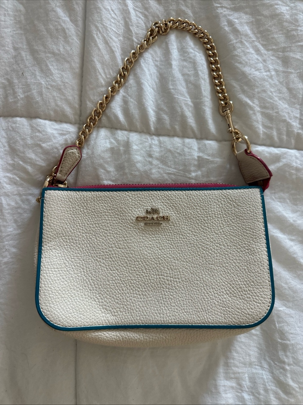 Coach White Pebbled Leather Shoulder Bag with Teal and Pink Trim